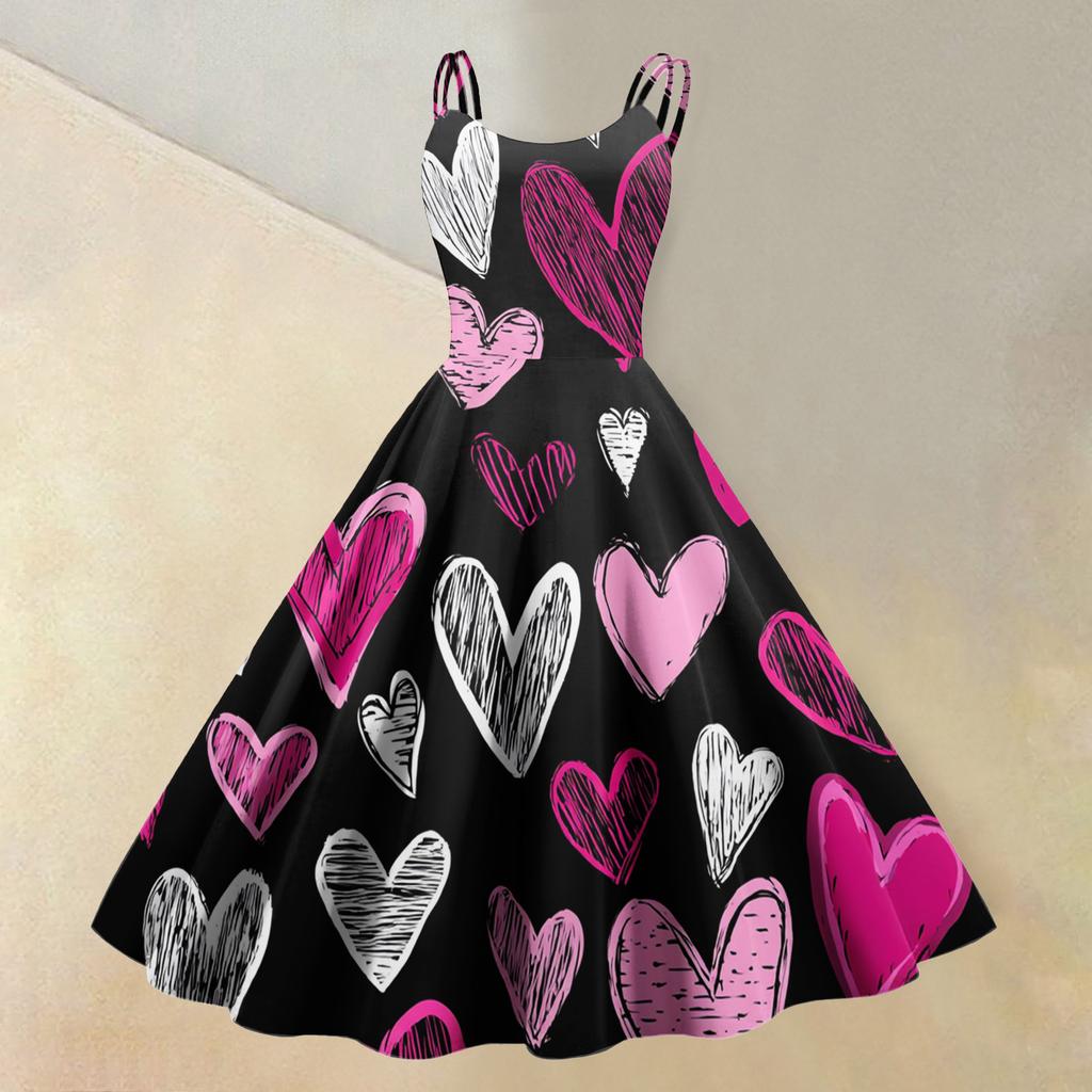 Damen-Kleid mit Valentinstag-Liebesherz-Print, sexy, schulterfrei, Vintage-Kleid