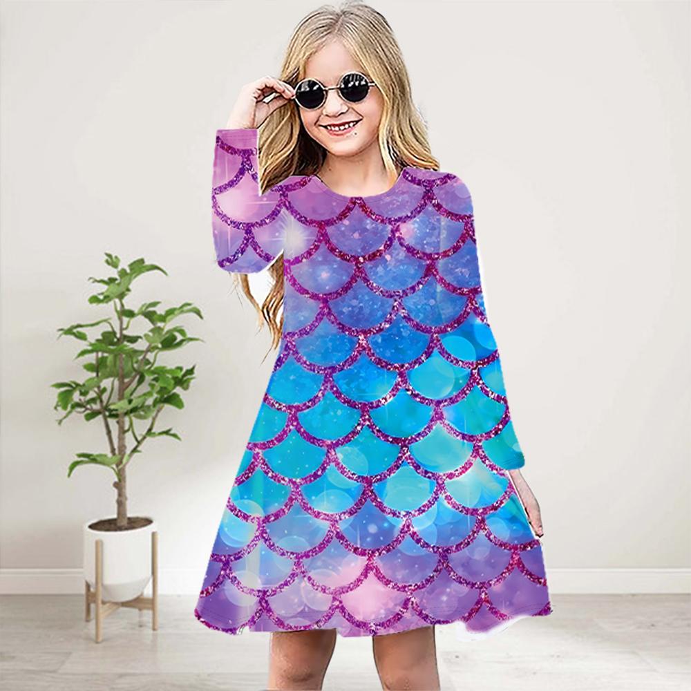 

Повседневное платье для девочек с 3D-принтом, фиолетовым блестящим рисунком в виде рыбьей чешуи, круглым вырезом и длинными рукавами, детское платье принцессы 80 фиолетовый