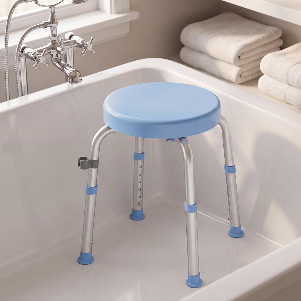 360 Degree Rotating Shower Stool Aluminum Frame 5 Level Adjustable Height Light Blue