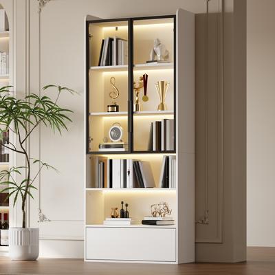 80*34*180cm Vitrinenschrank, hoher Schrank mit 1 Schublade und Glastüren, LED und offenes Fach, Standregal Schrank, Wohnzimmerschrank, weiß