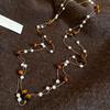 Maillard Tiger Eye Bead Round Pendant Necklace - Retro Casual Style Sweater Chain, Simple and Versatile.