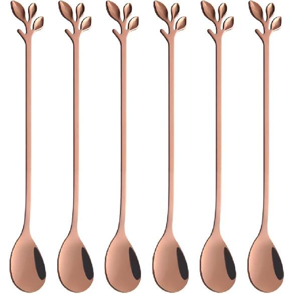 AnSaw 6-Piece Elegant Gold Leaf Long Handle Teaspoons - 7.4" Stainless Steel Stir Spoons for Coffee & Tea, Perfect for Mixing & Stirring