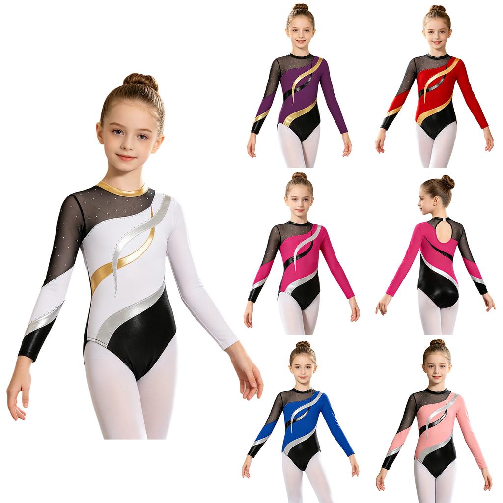 Body da ballo per bambina, a maniche lunghe, con decorazione con strass lucidi, a maniche lunghe, per abbigliamento da ginnastica