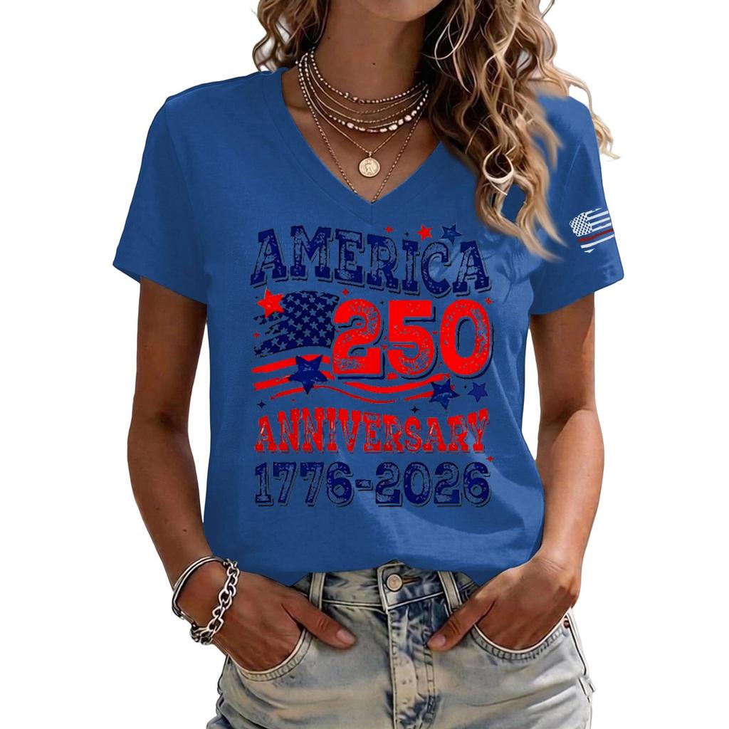 Women's Casual V Neck Short Sleeve Pullover T Shirt 250 Anniversary Graphic Print Top 1776 2026 Independence Day Theme