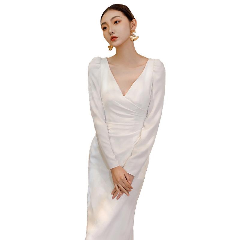 White Bridal Light Wedding Dress Summer Long-sleeved Satin Simple Temperament Socialite Banquet Host Mori Evening Dress Dress Dress