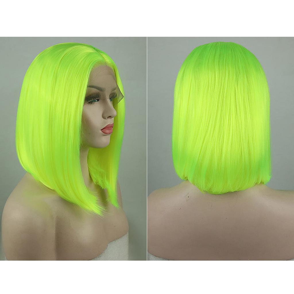 VOCOSTE Hitzebeständige Lace Front Perücke, Mittel-Lang Gerade Bob Perücke für Mädchen, 41cm, Fluoreszierendes Grün, für den täglichen Gebrauch