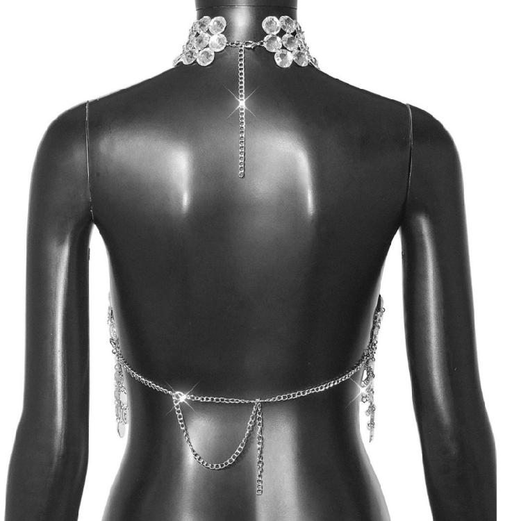 Rhinestones Diamond Body Chain Bra for Women Crystal Backless Chest Chain Halterneck Mesh Crop Top Harness Body Jewelry
