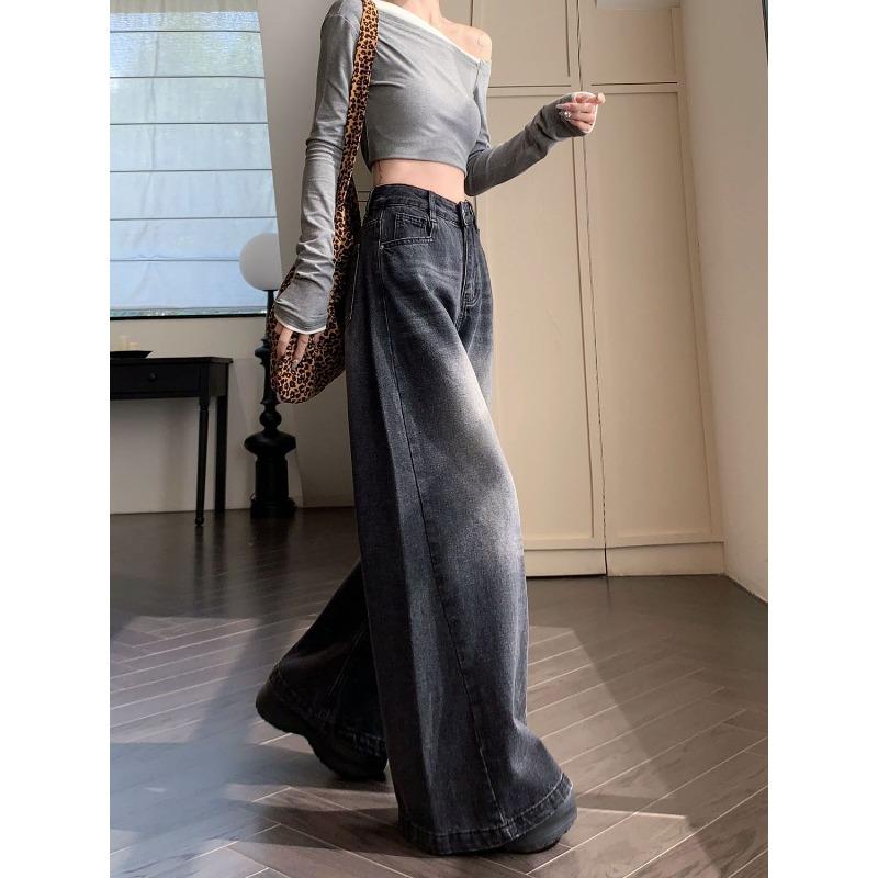 Toamnă American Retro Spălăciți Distressed Jeans Drapat Temperament Versatil Pantaloni cu Picior Larg Femei