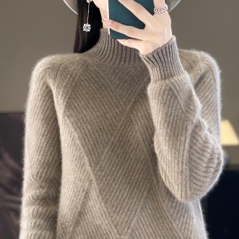 Women's Autumn & Winter Thick Cashmere Wool Sweater - Half-High Collar, Diamond Jacquard, Long Sleeve, Loose Fit