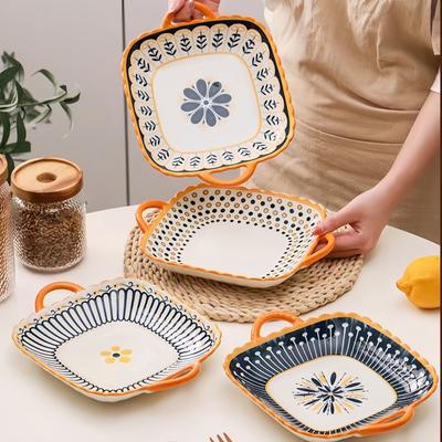 1 Pc Ceramic Square Serving Plate with Two Ears, Japanese Salad Plate, Kitchen Utensils, Italian Pasta Plate