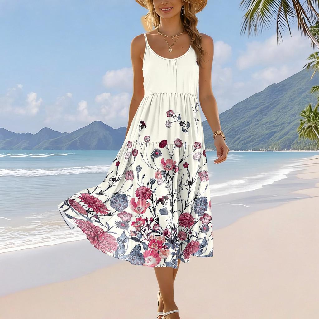 Women’s Summer Floral Print Bohemian Casual Beach Holiday Sundress with Adjustable Spaghetti Straps and Pockets