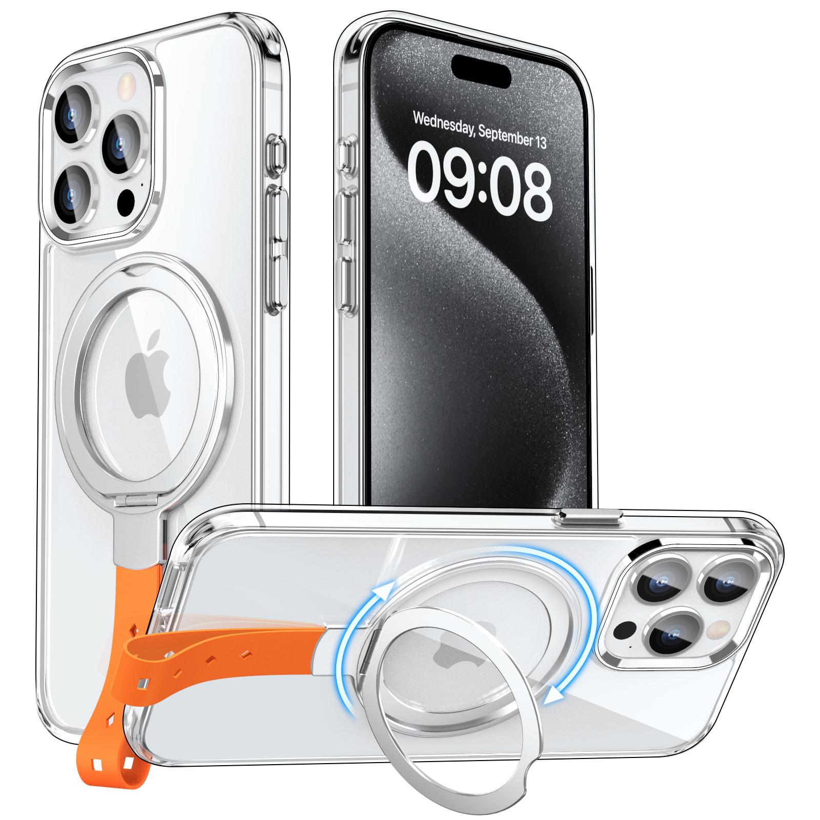 

For iPhone 15 Pro Case Magnetic Clear PC Hard Phone Cover Rotatable Ring Kickstand B