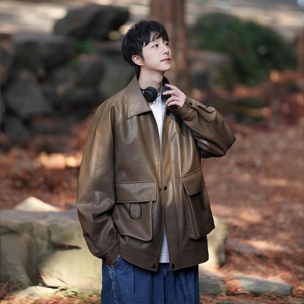 Lapel Pu Leather Jacket Men's Spring and Autumn Outdoor Loose Leather Jacket