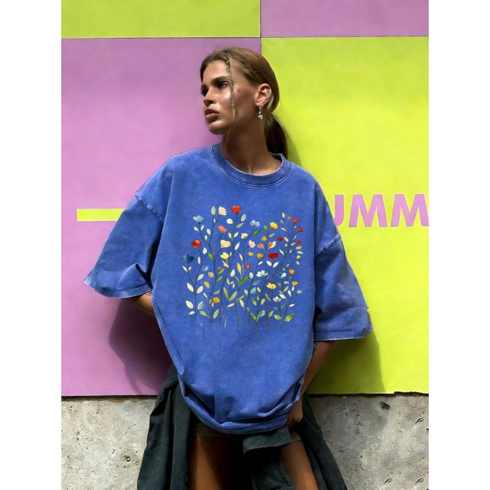 

Beautiful Watercolor Flowers Printed Washed T-Shirt Women Casual Cotton T Shirt Y2K Tops Summer Loose Streetwear 3XL