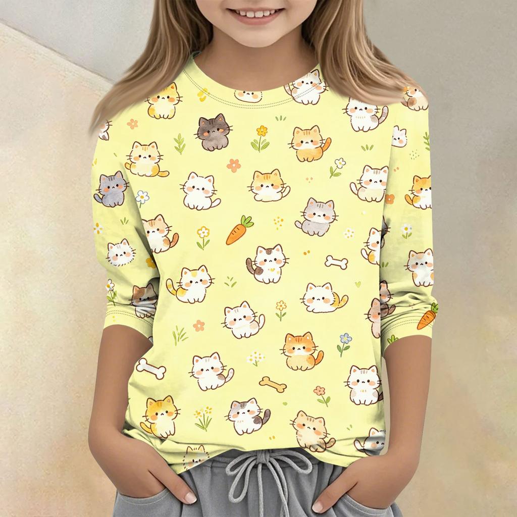 Kids Animal Print Crew Neck 3/4 Sleeve Casual T Shirt Soft Fabric Comfortable Fit Lightweight Design Suitable for Everyday Wear