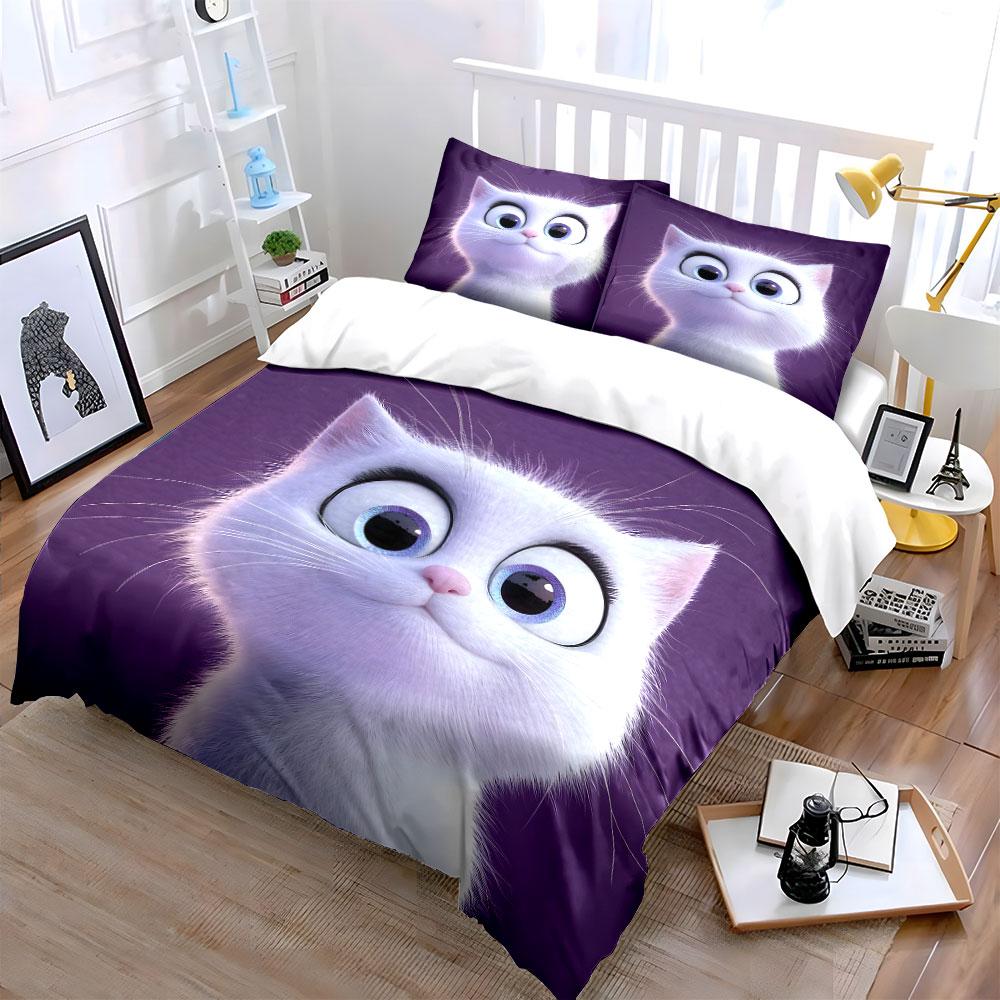 White Cat, Purple Background, Big Eyes Duvet Cover Set With 3D Printing Design Soft Polyester Bedding Set All-Season Comfort