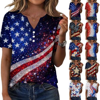 Women's Fashionable Casual Short-sleeved Independence Day Print V-neck Top