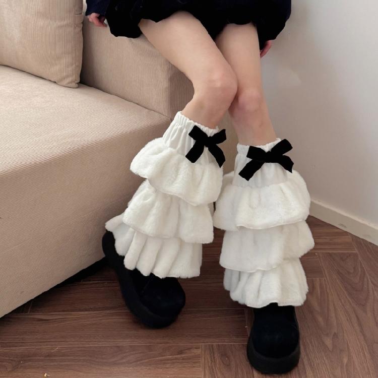 Winter Warm Furry Tiered Ruffle Leg Sleeves for Women Aesthetic Bowknot Fuzzy Leg Warmers Boot Covers Footless Socks