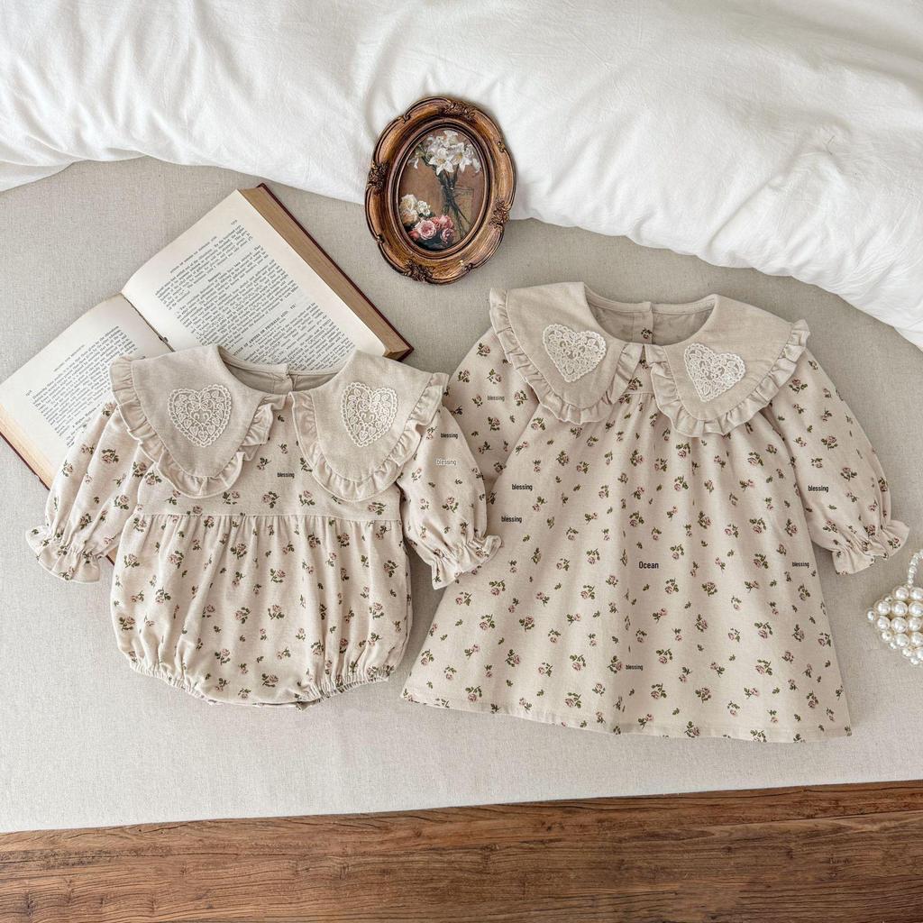 Korean Style Floral Long Sleeve Princess Dress & Baby Romper Set for Girls
