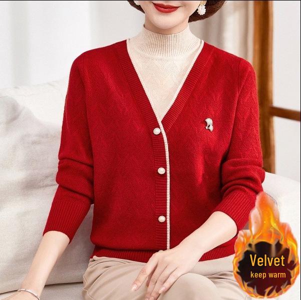 Elegant Plus Velvet Thickened Sweater: Warm Two-Piece Base Layer for Middle-Aged & Elderly Women