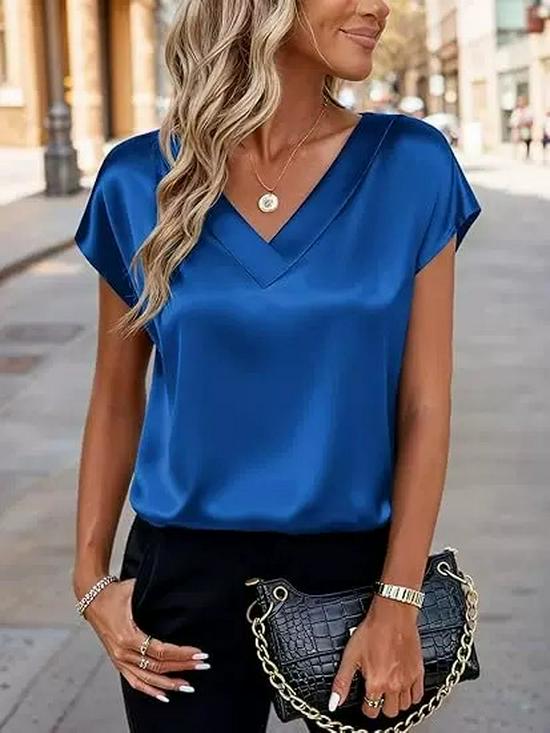 2026 Vår/Sommar Elegant Silke V-ringad Kortärmad Dam T-shirt