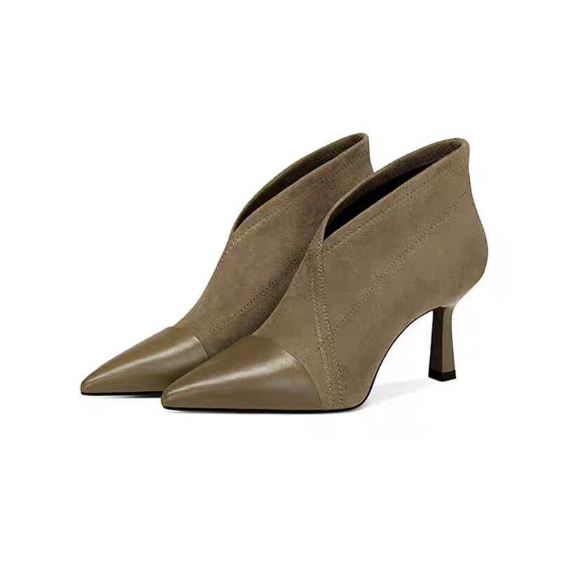 Temperament Booties Women's Fashion Pointed Toe Side Zipper Spliced Suede Non-Slip Wear-Resistant High Heels