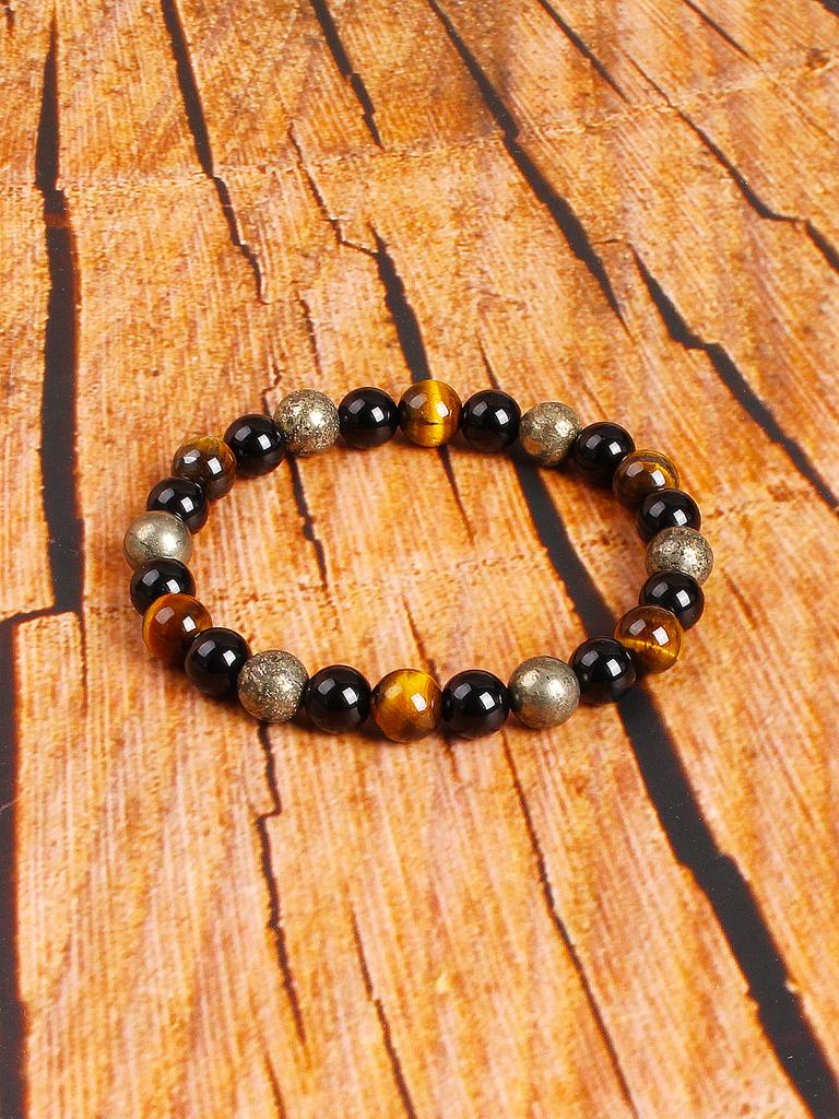 Triple Protection Natural Stone Beads Bracelet Tiger's Eye for Courage Obsidian for Grounding & Pyrite for Wealth Health Jewelry