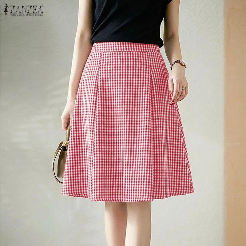 ZANZEA Women Loose Casual Grid Print A-Line Skirts