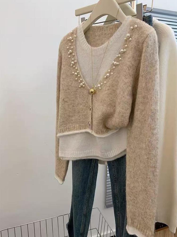 

Серый многослойный топ-двойка женский в ленивом стиле, темпераментный вязаный свитер one size fits all хаки