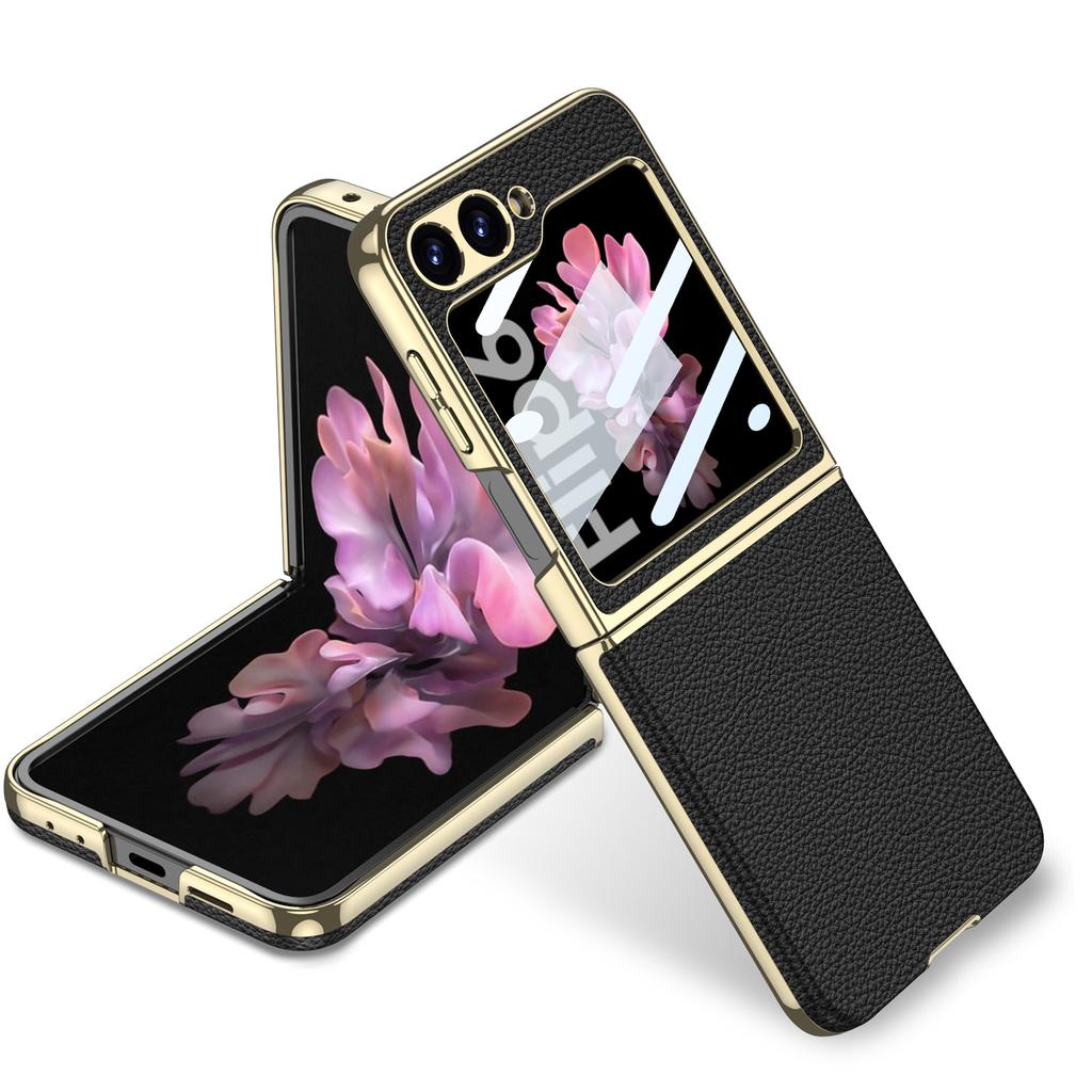 Samsung Zflip6 Mobile Phone Case Lychee Leather Pattern Folding Flip6 Personality Electroplating Curved Surface Plain Leather Protective Case