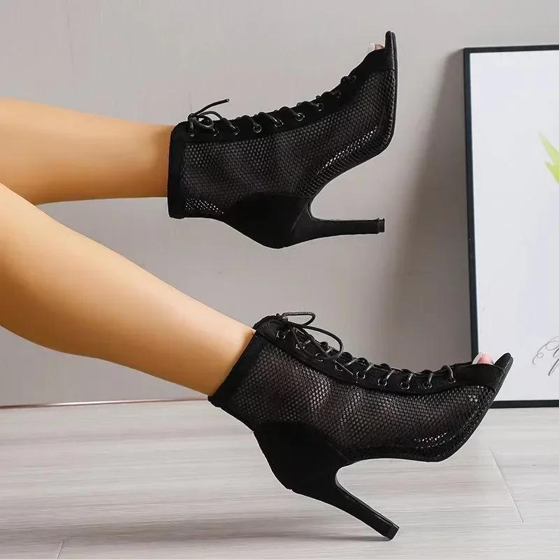 Fashion Summer New Women High Top Dance Shoes Ballroom Salsa Tango Sandals Girl Fashion Party Mesh Cutout High Heel Sandalias