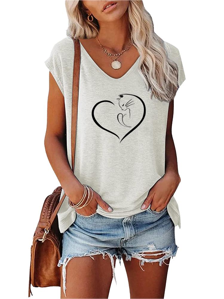 Women Fashion Printed Top Summer V Collar Tee Shirt Ladies Casual Short Sleeve T-shirt