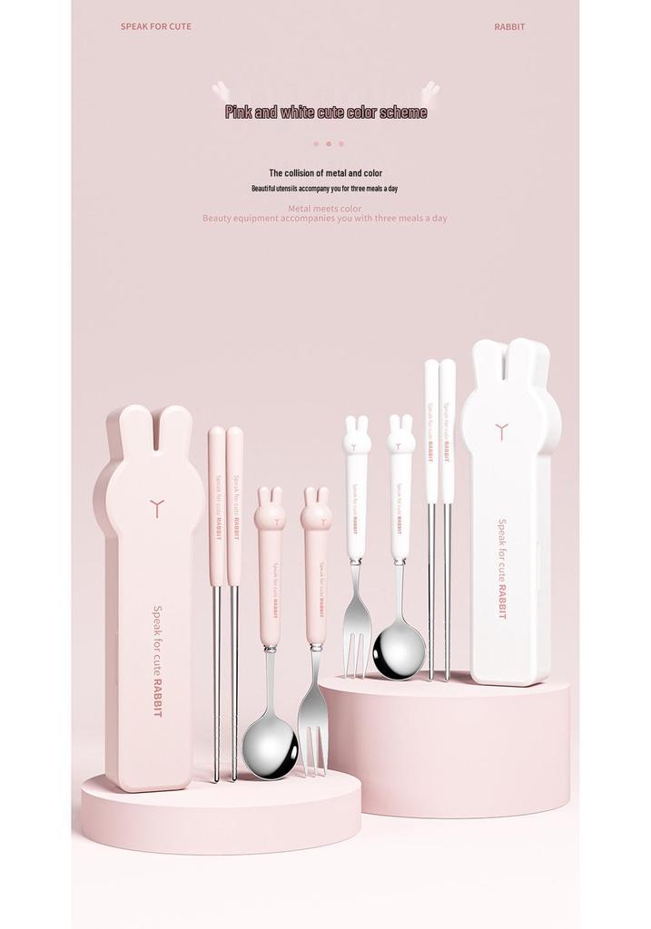 304 Stainless Steel Cartoon Bear & Rabbit Portable Cutlery Set - Chopsticks, Fork & Spoon for Students & Outdoors