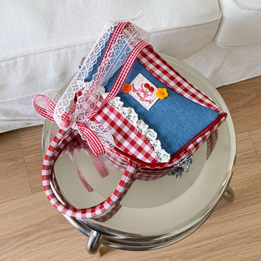 Rural Style Lattice Bowling Bag Lovely Sweet Crossbody Bag Vintage Denim Plaid Handbag  Travel
