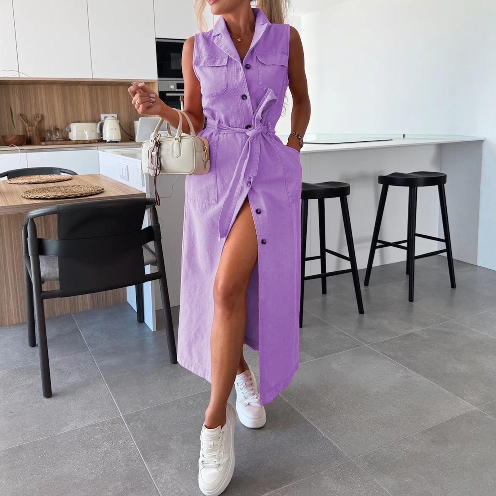 

Женское повседневное и модное однобортное джинсовое платье без рукавов с застежкой на талии XL фиолетовый