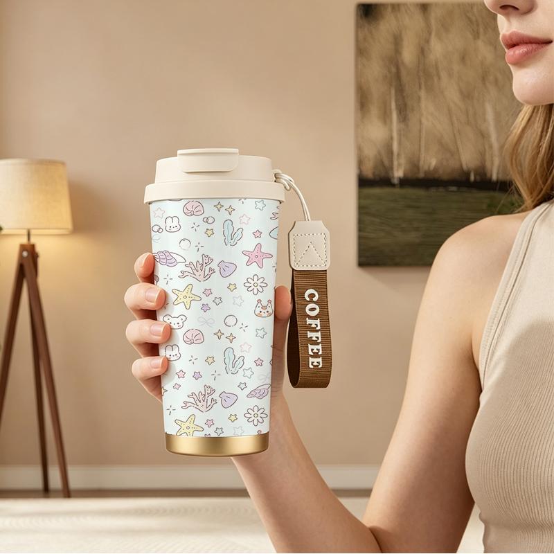 Coffee Mug 532ml Ocean Shell Animal Element Lanyard Insulated Cup Leakproof Hand Cup Beach Cup Stainless Insulated Cup Lightweight Cup Coffee Mug 532ml