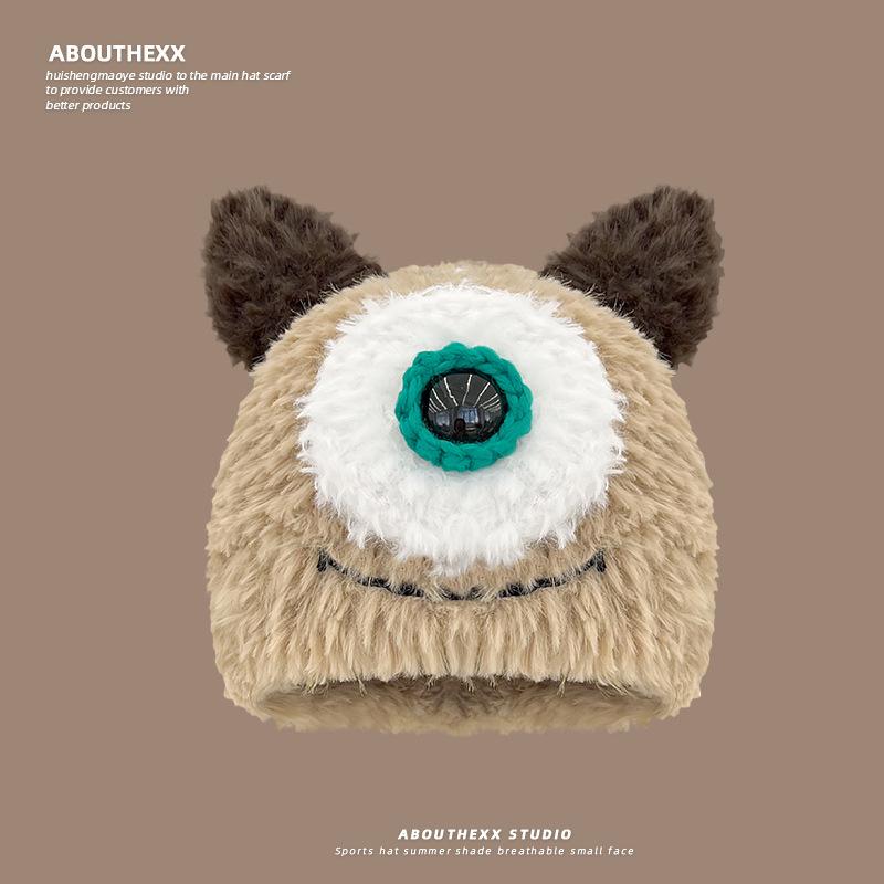 

Новая милая плюшевая шапка с одним глазом и защитой ушей для женщин на осень и зиму. Универсальная теплая вязаная шапка-пуловер. M（56-58cm）