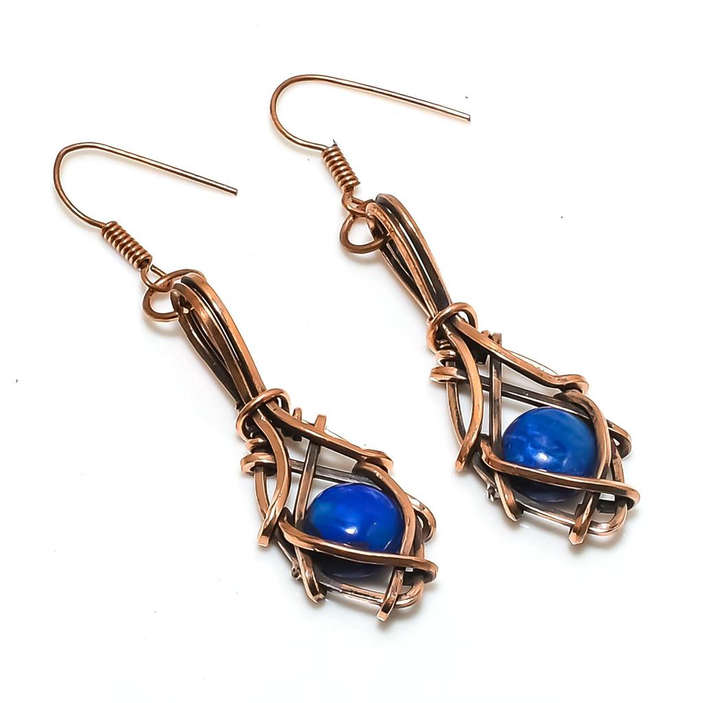 Lapis Lazuli 999 Copper Wire Wrapped Earrings, Handmade Gemstone Earrings Jewelry, Gifts For Wife Brand New Earrings