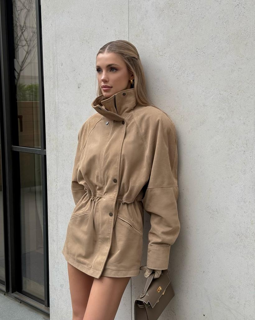 Ladies' Waist Cinched Stand Up Collar Jacket Women's Mid Length Jacket Women's Cotton Jacket Skirt Fashion Style Autumn