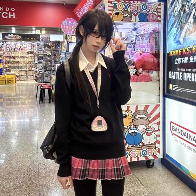 

Women s V-Neck Knit Pullover Sweater - Japanese School Style, Autumn/Winter, Solid Color, Long Sleeve XL