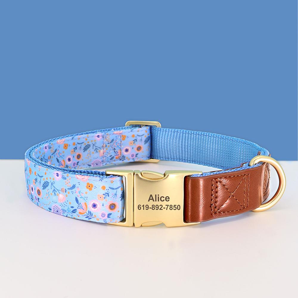 Flower Printed Dog Collar Nylon Personalized Puppy Collar Free Custom Pet ID Name Leather Collars For Small Medium Large Dog Cat