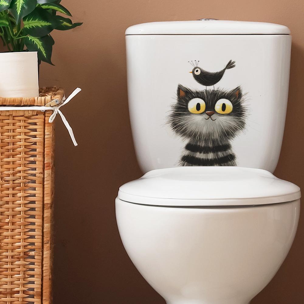 Cartoon Grey Cat Bird Toilet Bathroom Decoration Wall Stickers