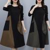 Autumn Plus Size Contrast Patchwork Long Sleeve Dress - Slimming, Stylish, Tummy Concealing Mid-Length Skirt for Women