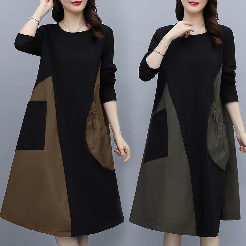 Autumn Plus Size Contrast Patchwork Long Sleeve Dress - Slimming, Stylish, Tummy Concealing Mid-Length Skirt for Women