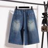 DIMANAF 2026 Sommer Plus Size Damebukser Jeans Underdele Elastisk Talje Oversize Løse Denim Bomuld Ensfarvet Blå Korte Bukser