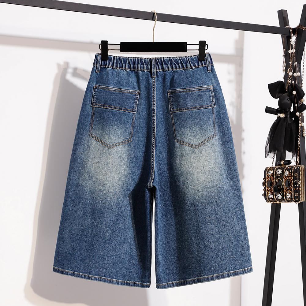 DIMANAF 2026 Sommer Plus Size Damebukser Jeans Underdele Elastisk Talje Oversize Løse Denim Bomuld Ensfarvet Blå Korte Bukser