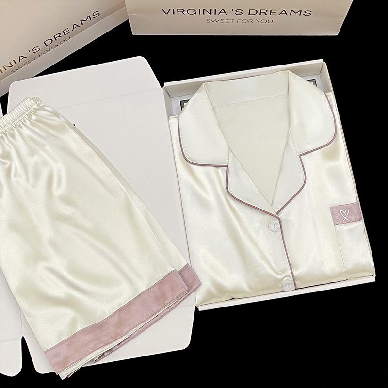 Solid Color Love Embroidery Ice Silk Short-Sleeved Loungewear Girl College Style Fashion Suit