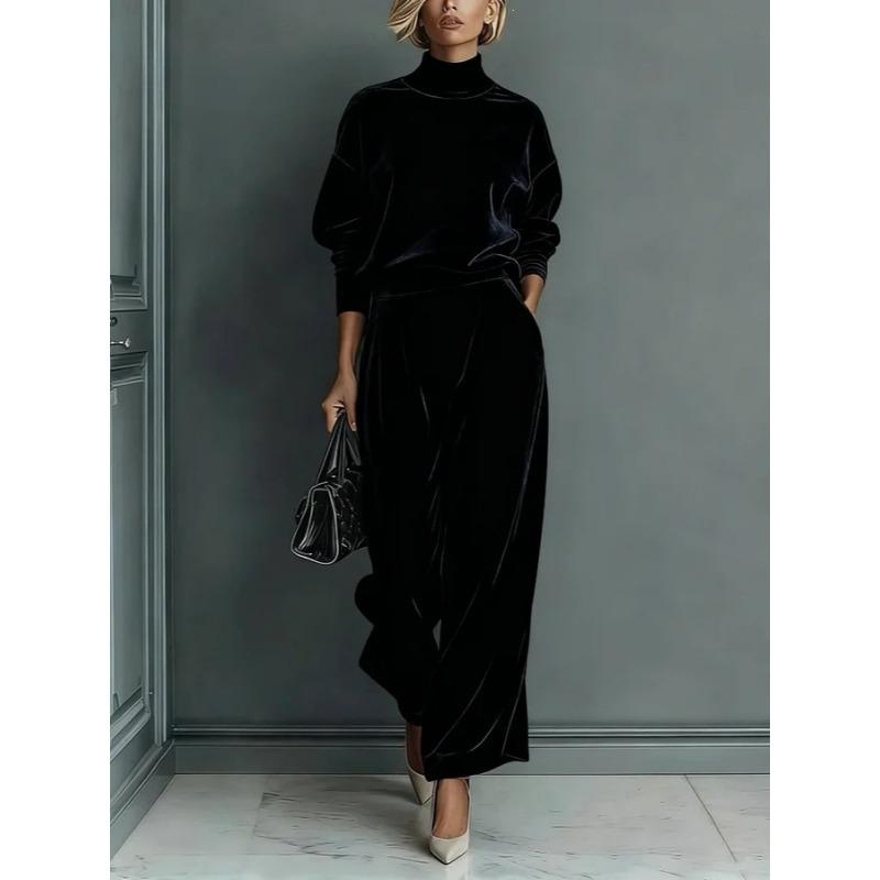 Women S Velour Tracksuit Long Sleeve High Neck Solid Wide Leg Pants