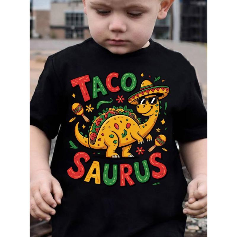 European Size Summer Boys Stylish Short Sleeve Taco Saurus Dinosaur Themed Print Outdoor Casual Top