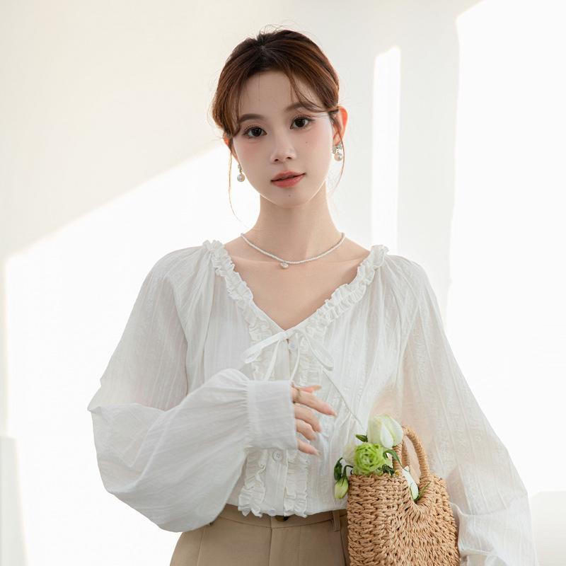 2026 Early Spring French Chic Lace V-Neck Long-Sleeve Women's Shirt